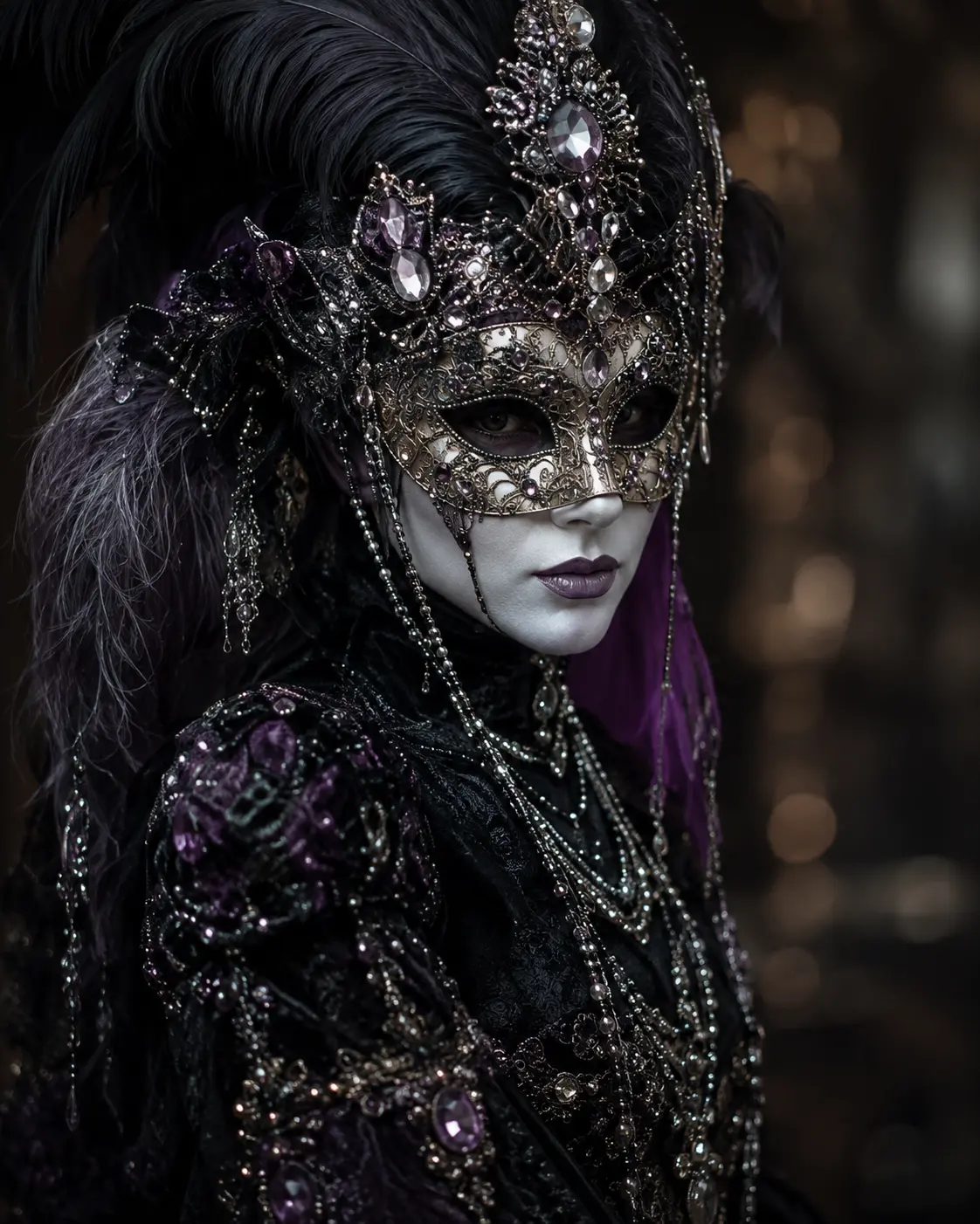 Performer in an ornate jeweled masquerade mask