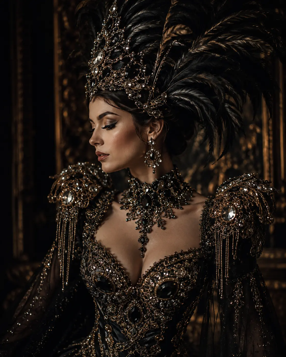Performer in a feathered, jeweled headdress