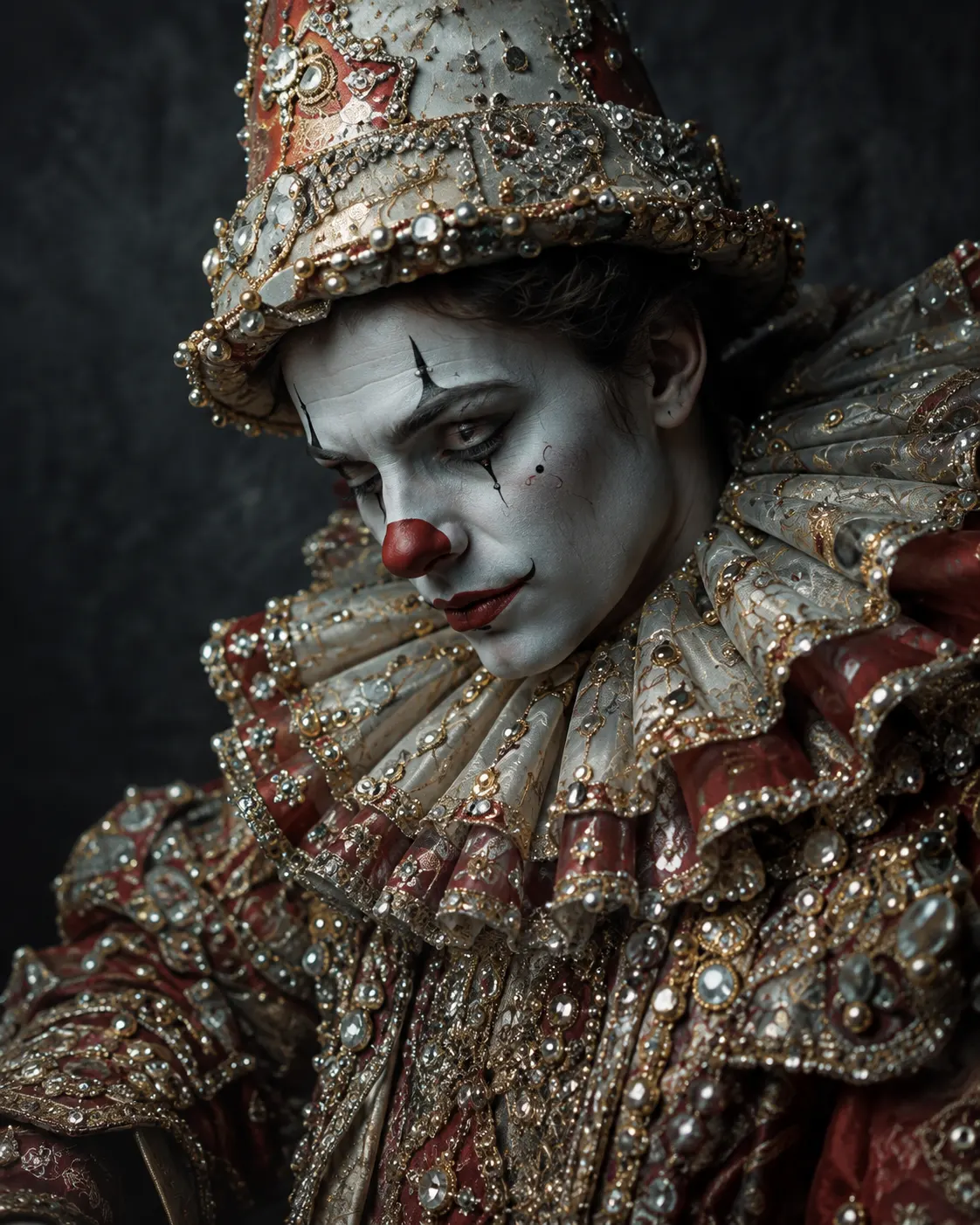 Theatrical performer in a jeweled ruff and white face paint